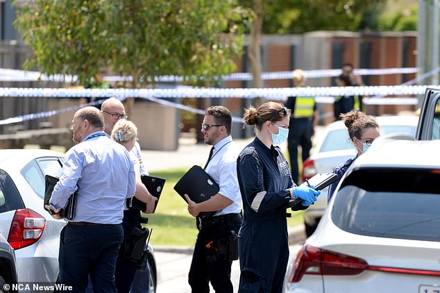 A neighbor said she heard a 'blood-curdling scream' after a woman discovered the bodies just before 11am on Thursday (Photo: Detectives arrive on scene in Mordialloc)