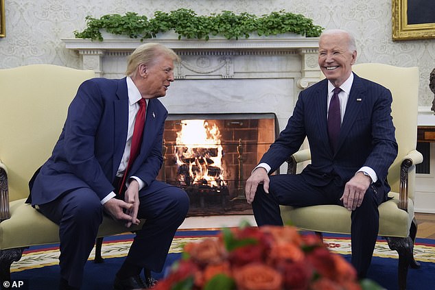 Donald Trump sat lower in his seat and appeared to strike a respectful pose during his meeting with President Joe Biden in the Oval Office on Wednesday, November 13, 2024