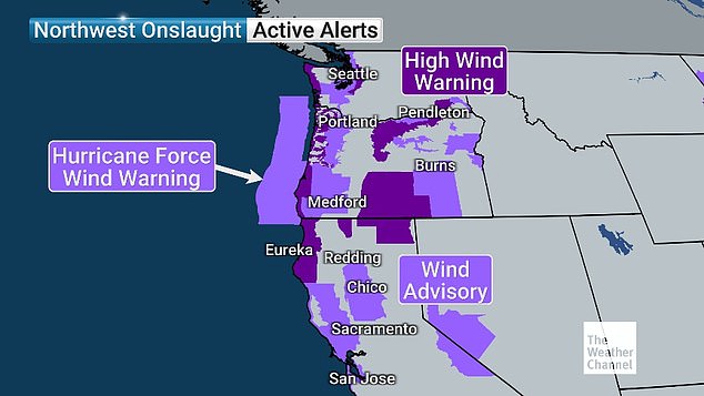 The National Weather Service (NWS) issued a hurricane force warning for areas off the Oregon coast, southern Washington and the northern tip of California from 1:00 PM to 10:00 PM PT on Tuesday.