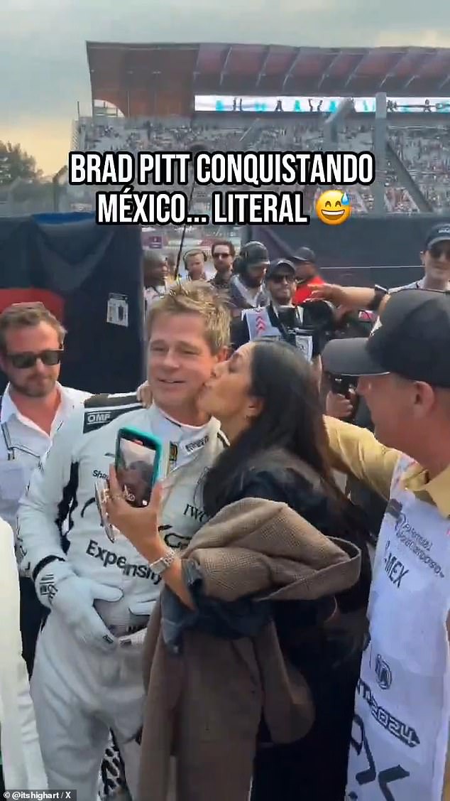 The actor was filming scenes for his new movie, F1, when an anonymous fan ran up to him, pulled him by the neck and kissed him.