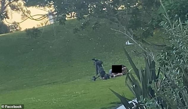 Two golfers were spotted rolling down the fairway of hole 16 on a golf course in a small town in New Zealand (pictured)