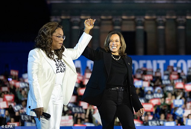 Kamala Harris had dozens of Hollywood A-listers supporting her bid for the White House, including Oprah Winfrey who toured the country on Monday to appear at the final rally of Harris' 2024 campaign (pictured)