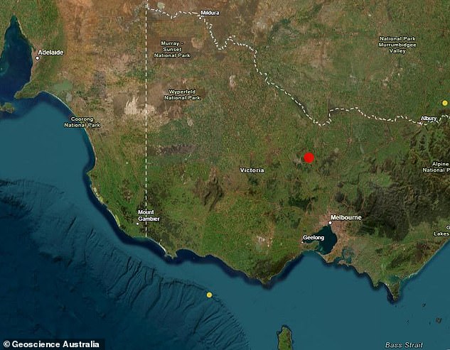 A small earthquake struck early Tuesday morning near the town of Elmore, about 150 km north of Melbourne (shown with the red dot).