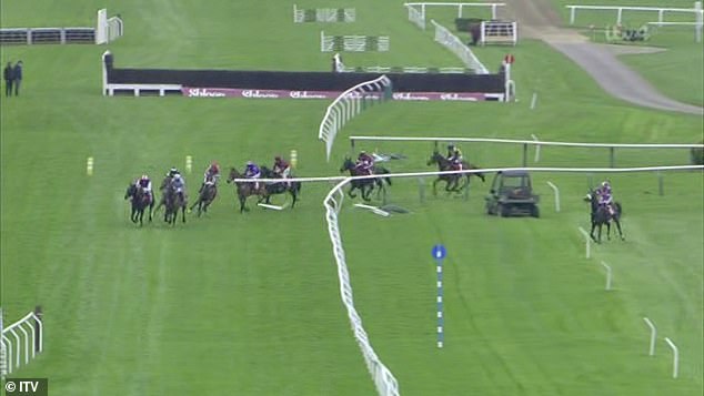 Tommie Beau (far right) was wide as he reached the penultimate straight, causing chaos in the Glenfarclas Cross Country Chase