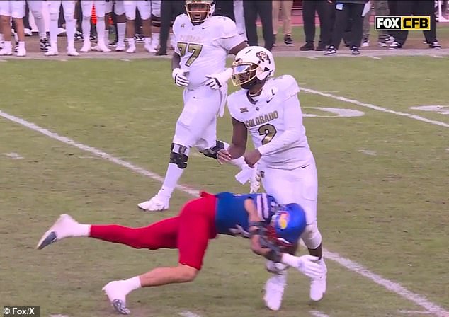 Colorado quarterback Shedeur Sanders was the target of a brutal hit against Kansas