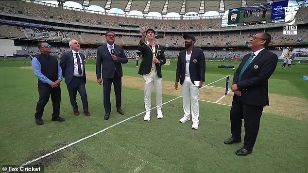 Pictured from left to right: Sunil Gavaskar, Allan Border, Ravi Shastri, Pat Cummins, Jasprit Bumrah and Ranjan Madugalle gather for the toss at Optus Stadium on Friday