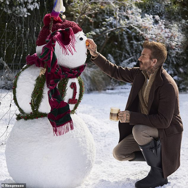 David placed a Nespresso pod on the snowman's nose, before quickly stealing it to make a victory coffee after scoring a goal