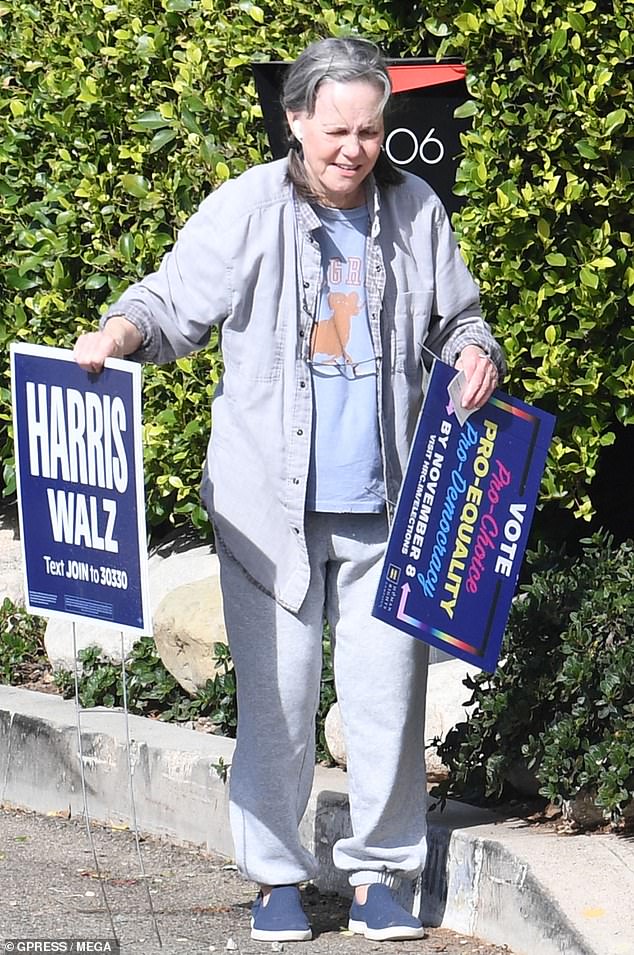 Dejected Sally Field was pictured throwing her Kamala Harris signs in the bin following Donald Trump's victory in the US presidential election this week