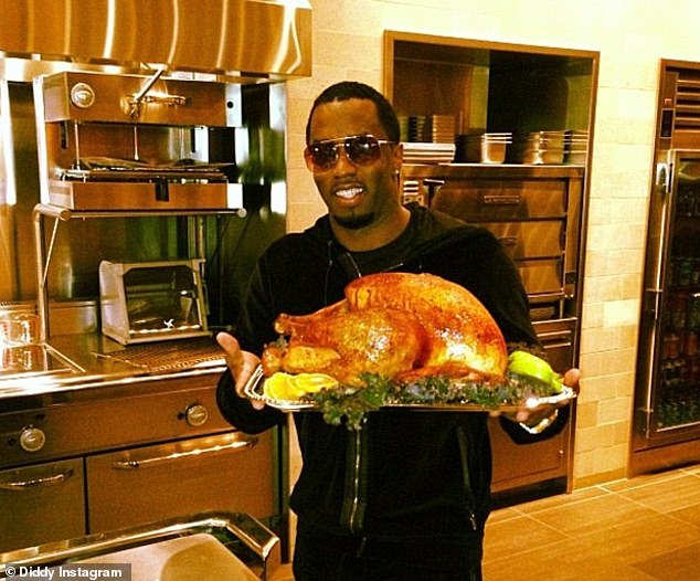 Diddy's Thanksgiving Day staple menu has been revealed - as the rapper languishes behind bars after his third bail hearing - pictured during the 2012 holiday