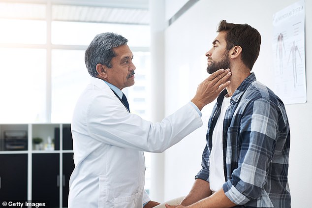 Symptoms of head and neck cancer may include a persistent sore throat, a lump or swelling in the neck, and a lump or ulcer on the lip or in the mouth that does not heal.