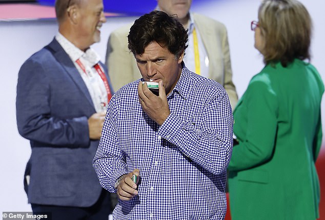 Tucker Carlson was an enthusiastic promoter of Zyn nicotine pouches. He is seen with one at the Republican National Convention in July