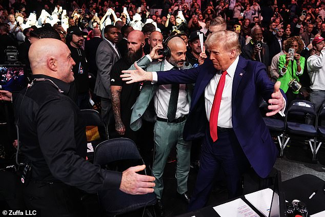 Joe Rogan greets President-elect Donald Trump during the UFC 309 event at Madison Square Garden on November 16, 2024 in New York City