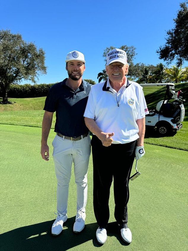 Donald Trump was back on the golf course on Friday with pros Sam Burns and Nick Dunlap