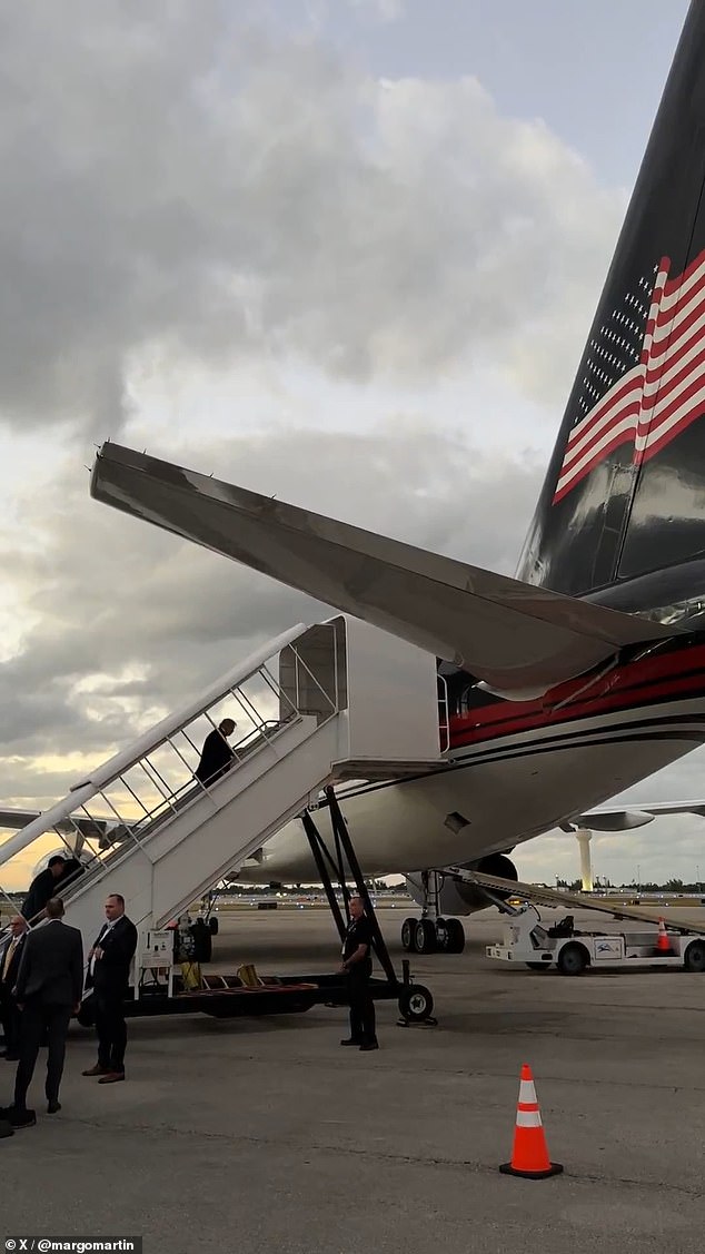 In a video posted to X by Margo Martin, Trump's deputy communications director, the 78-year-old's unmistakable silhouette can be seen walking up the stairs and boarding his private plane.