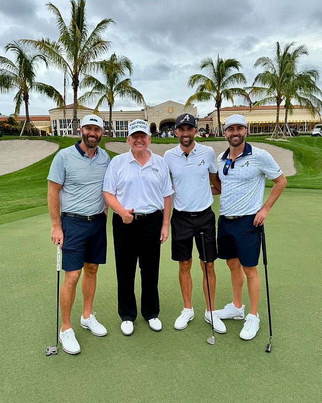 From left to right: professional golfer Dustin Johnson, President-elect Donald Trump, Collin Yost, Austin Johnson