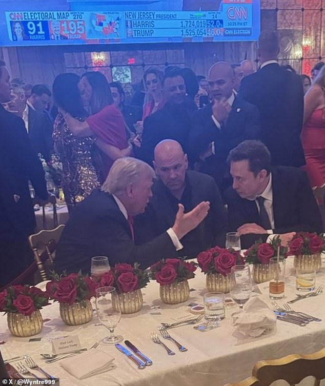 Musk has been at Trump's residence in Palm Beach, Florida, since election night. Here, Trump, UFC CEO Dana White and Musk speak as the results of the 2024 presidential election appear on the screen behind them