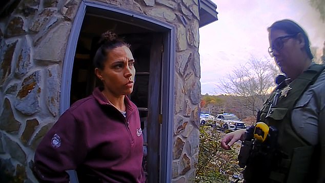 Brittany Patterson, 41, was captured on police bodycam footage being handcuffed and taken into custody on October 30 after leaving her son Soren home alone