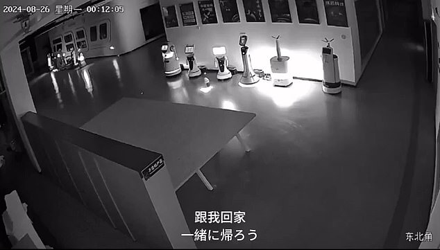 A viral video captured on CCTV shows a small robot leading twelve showroom bots who complained about being forced to work around the clock