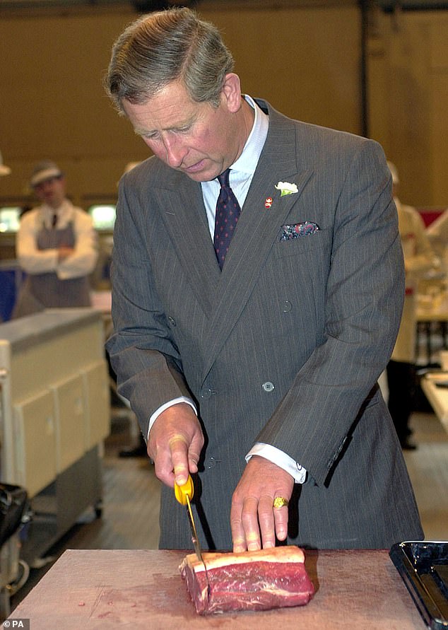 King Charles has long been one of the greatest champions of British meat and even tried to encourage a mutton revival. Pictured: King Charles cutting a steak from Scottish beef during a butchery at Boxley's in Wombourne in 2000