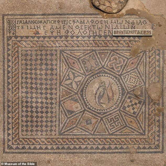 The Megiddo mosaic (pictured) was unearthed during the expansion of a high-security prison in Israel. The mosaic had an inscription at the top (photo) that read: 'The God-loving Akeptous offered the table in memory of God Jesus Christ'