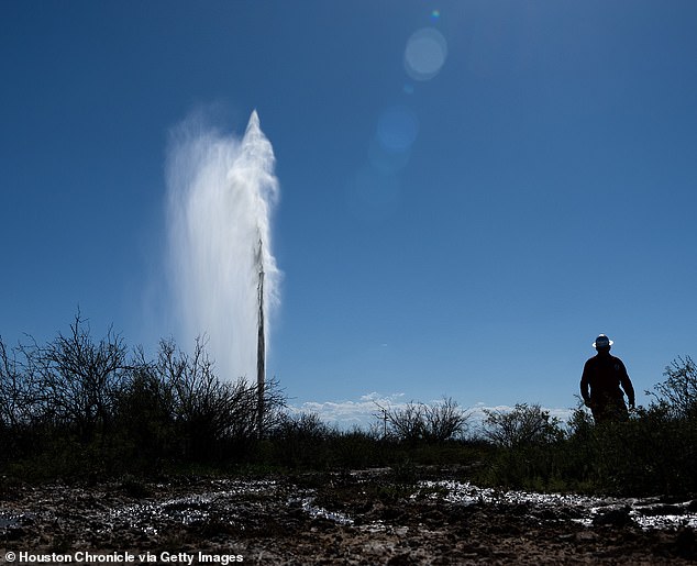 A massive geyser has shot water more than 100 feet into the air, which can be seen for miles in Toyah, Texas