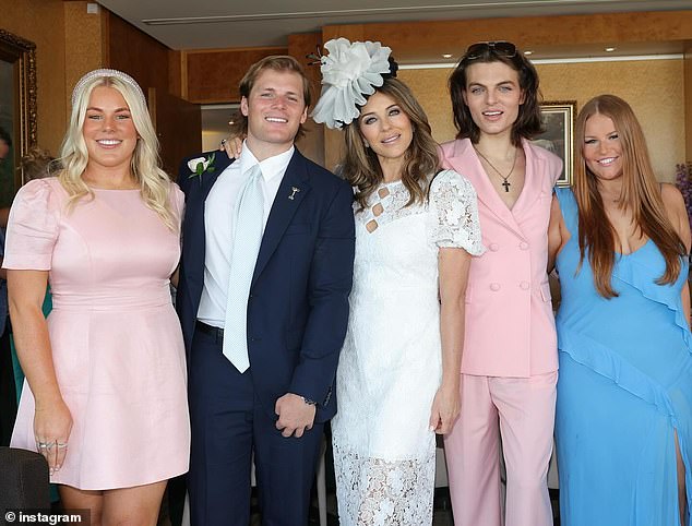 Elizabeth Hurley has been reunited with Shane Warne's children in Melbourne for the first time since his tragic death in 2022. (Pictured, left to right, Brooke and Jackson Warne, Elizabeth Hurley, Damian Hurley and Summer Warne)