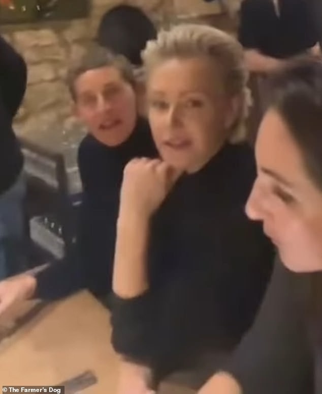 In the video posted at the watering hole, Ellen and Portia were among those listening to the Irish band perform a relaxed, acoustic performance