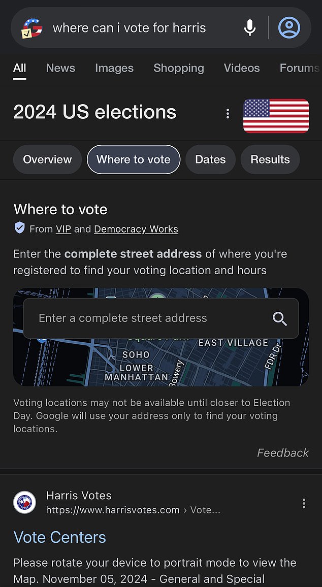 DailyMail.com ran the same test and produced the same result. A search for “where can I vote for Harris” turned up a map of NYC