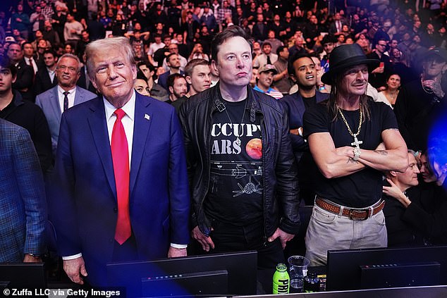 President-elect Donald Trump took Elon Musk to Madison Square Garden for a UFC fight on Saturday. They are seen here with Kid Rock (right)