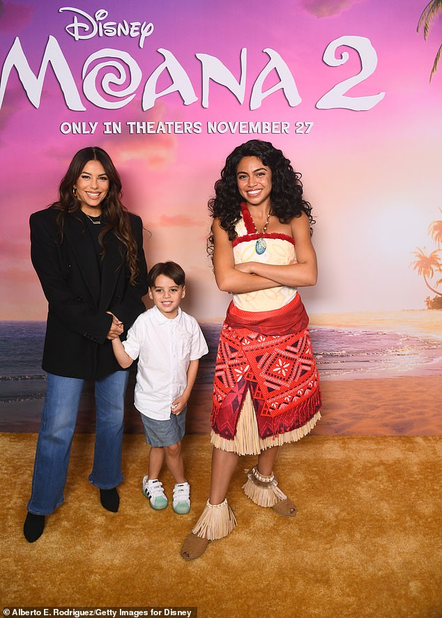 Eva Longoria Bastón (L) and her son Santiago (M) enjoyed a VIP meet and greet with the Disney princess herself at the Hollywood premiere of Moana 2, held at the El Capitan Theater on Monday.