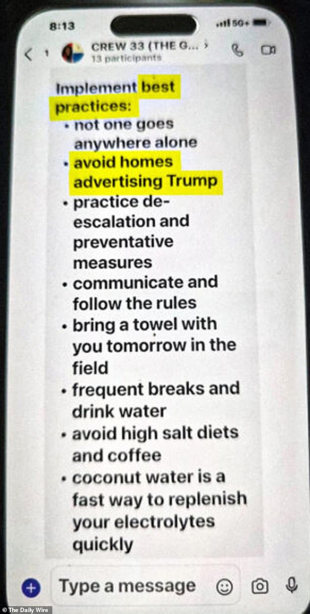 Washington said she was given a list of instructions on best practices for the agency's successful relief intervention. The list included guidelines such as 'not [ sic ] one goes everywhere alone, 'communicate and follow the rules' and avoid houses that advertise Trump,' among other things