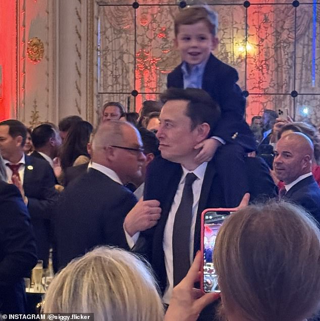 Elon Musk and his son pictured at an election party for Donald Trump