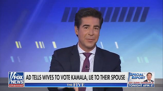 Jesse Watters criticized a commercial encouraging women to hide their votes for the upcoming election, suggesting that going against your partner with your vote was an affair