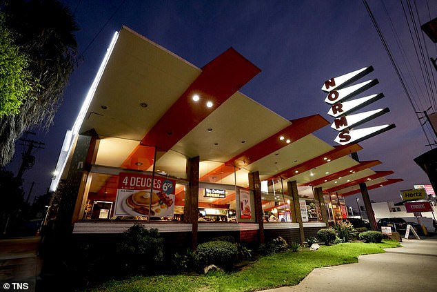 The Norms coffee shop on La Cienega Boulevard has been a staple for Angelenos since 1957 with its recognizable Googies-style architecture created by Armét & Davis and the sawtooth sign out front. But the sign could be renovated, as chicken finger chain Raising Cane's plans to move in in 2027