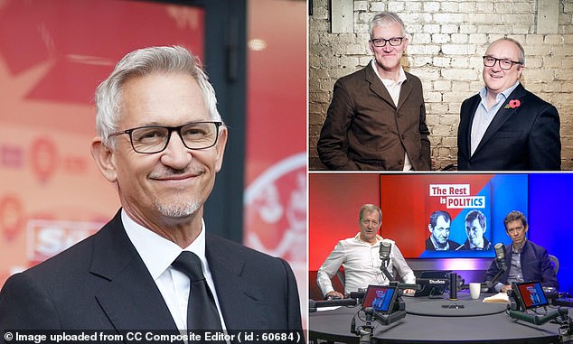 Hit shows: Goalhanger - co-founded by football legend Gary Lineker (left) - produces The Rest is History, presented by Tom Holland and Dominic Sandbrook (top right) and The Rest is Politics, presented by Alastair Campbell and Rory Stewart (bottom right)