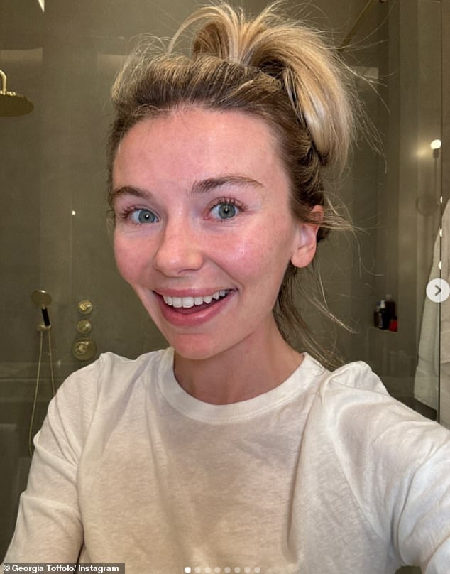 Georgia Toffolo admitted on Instagram on Thursday that she has been battling skin problems for 20 years and says she 'hid behind makeup to gain the confidence she needs to live her life'