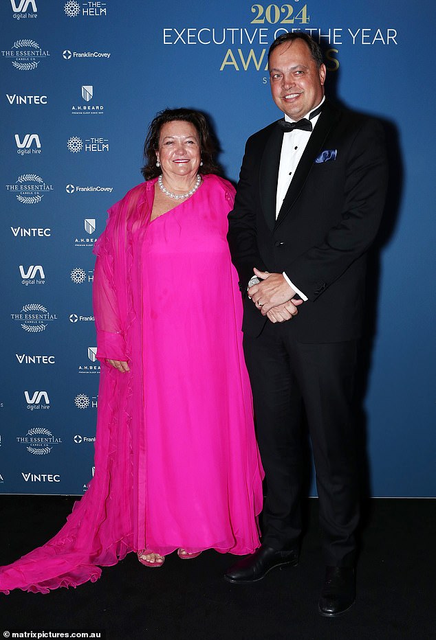 Gina Rinehart made sure all eyes were on her on Thursday evening at the 2024 Executive of the Year Awards. Pictured with Gerhard Veldsman, Chief Executive Officer Operations at Hancock Prospecting