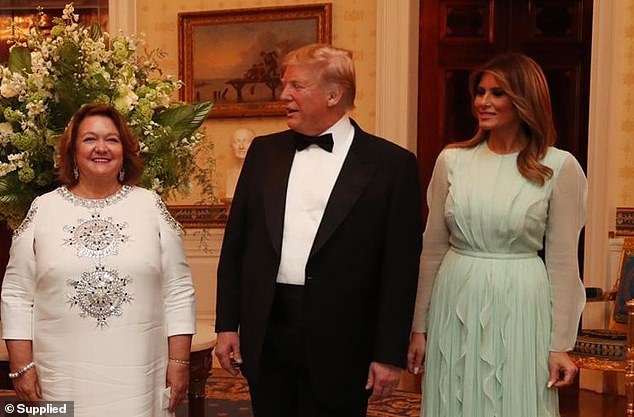 Gina Rinehart is in the United States to support Donald Trump in the race for the White House and attended his election party at his sprawling Florida home. Pictured together in 2019