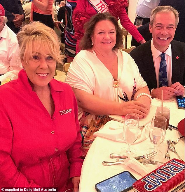 Gina Rinehart (center) with Teena McQueen and Nigel Farage at Trump's 2024 election party