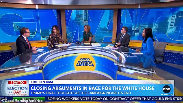 Pictured: A panel of five on Good Morning America on Monday discussed the state of the race and concluded that Donald Trump is on a path of negativity