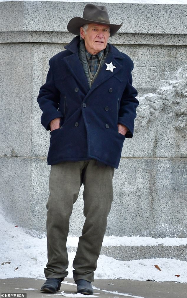 Harrison Ford, 82, was spotted on the 1923 set stepping into his character Jacob Dutton while filming the second season of the Western drama on Sunday in Montana.