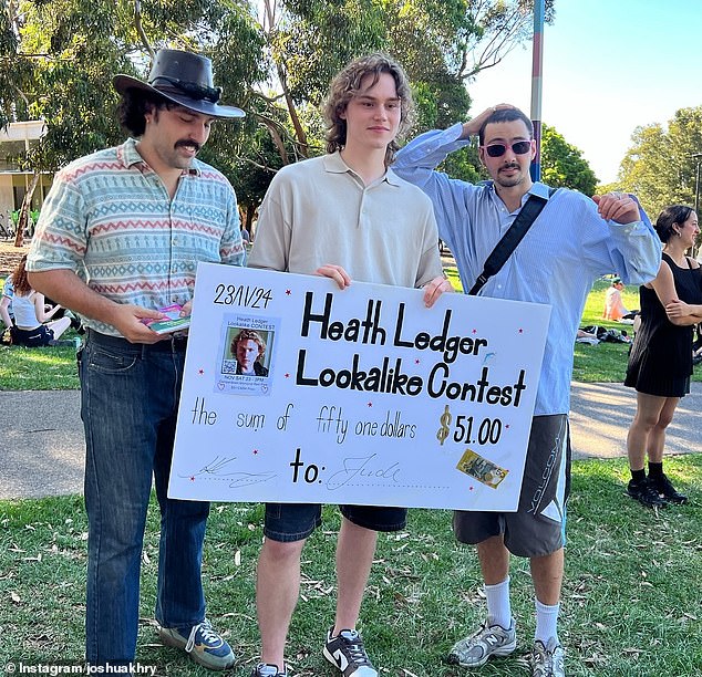 Similar celebrity competitions have swept the world, arriving in Australia this weekend with a Heath Ledger competition. Pictured: winner Jude Bailey (c) with organizers Luca Trovato and Joshua Khoury