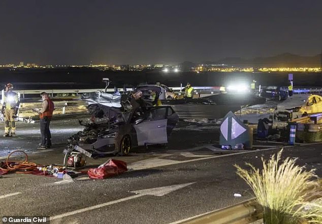 A photo taken of the aftermath of the crash showed the right side of a gray car almost completely torn off