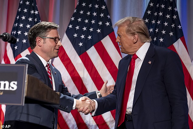 President-elect Donald Trump shakes hands with House Speaker Mike Johnson of La., as he arrives to speak at a meeting with the House GOP conference, Wednesday, Nov. 13, 2024, in Washington. During Trump's remarks to Republicans in the House of Representatives, he said he supports Johnson retaining his place as Republican leader