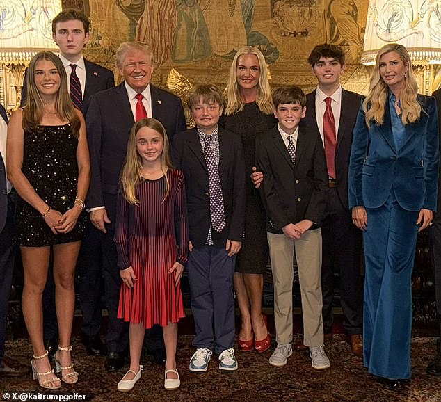 Kai Trump shared a photo taken Tuesday night during the election watch party at her grandfather's estate at Mar-a-Lago. Pictured from left to right: Kai Trump, Barron Trump, Donald Trump, Vanessa Haydon, Donald Trump III, Ivanka Trump. Front row: Chloe Trump, Tristan Trump and Spencer Trump