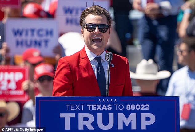 Matt Gaetz speaks during a 2024 campaign rally for former US President Donald Trump in Waco, Texas