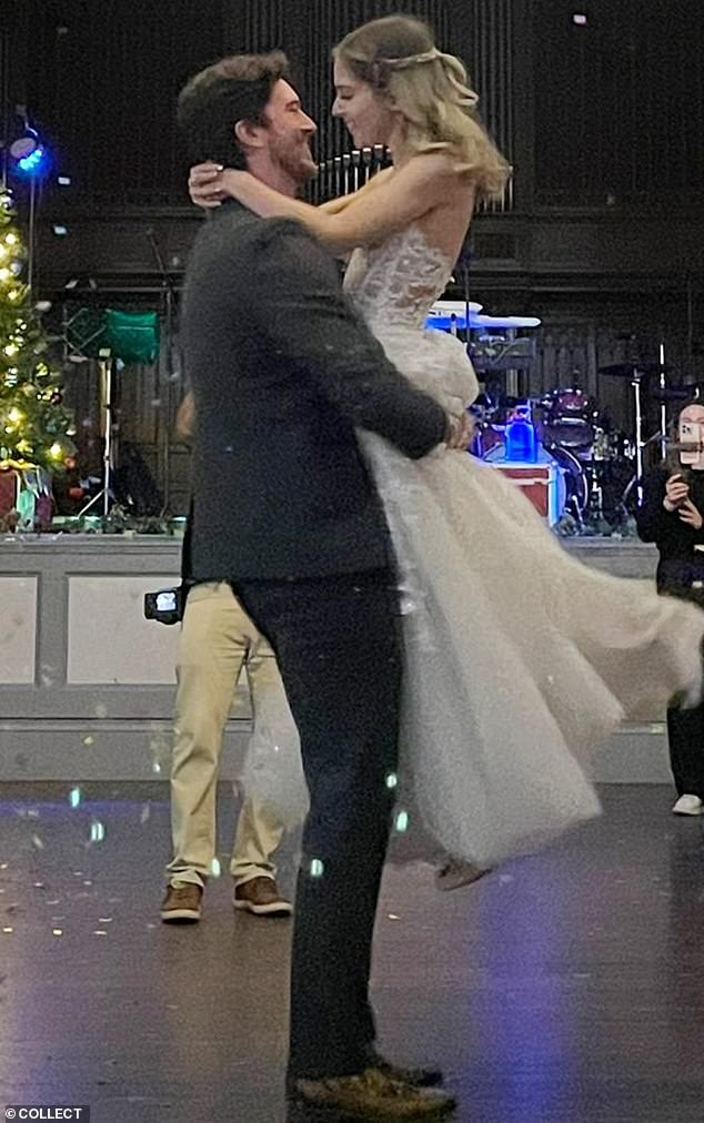 Chelsea, a 29-year-old bride, was trying to fly back to New York City after her country wedding in Tunbridge Wells, Kent. Pictured: Chelsea dancing with her husband at their wedding