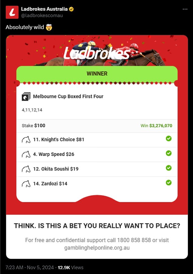 Ladbrokes posted a betting slip on Twitter showing a punter had won $3.2 million on a $100 bet