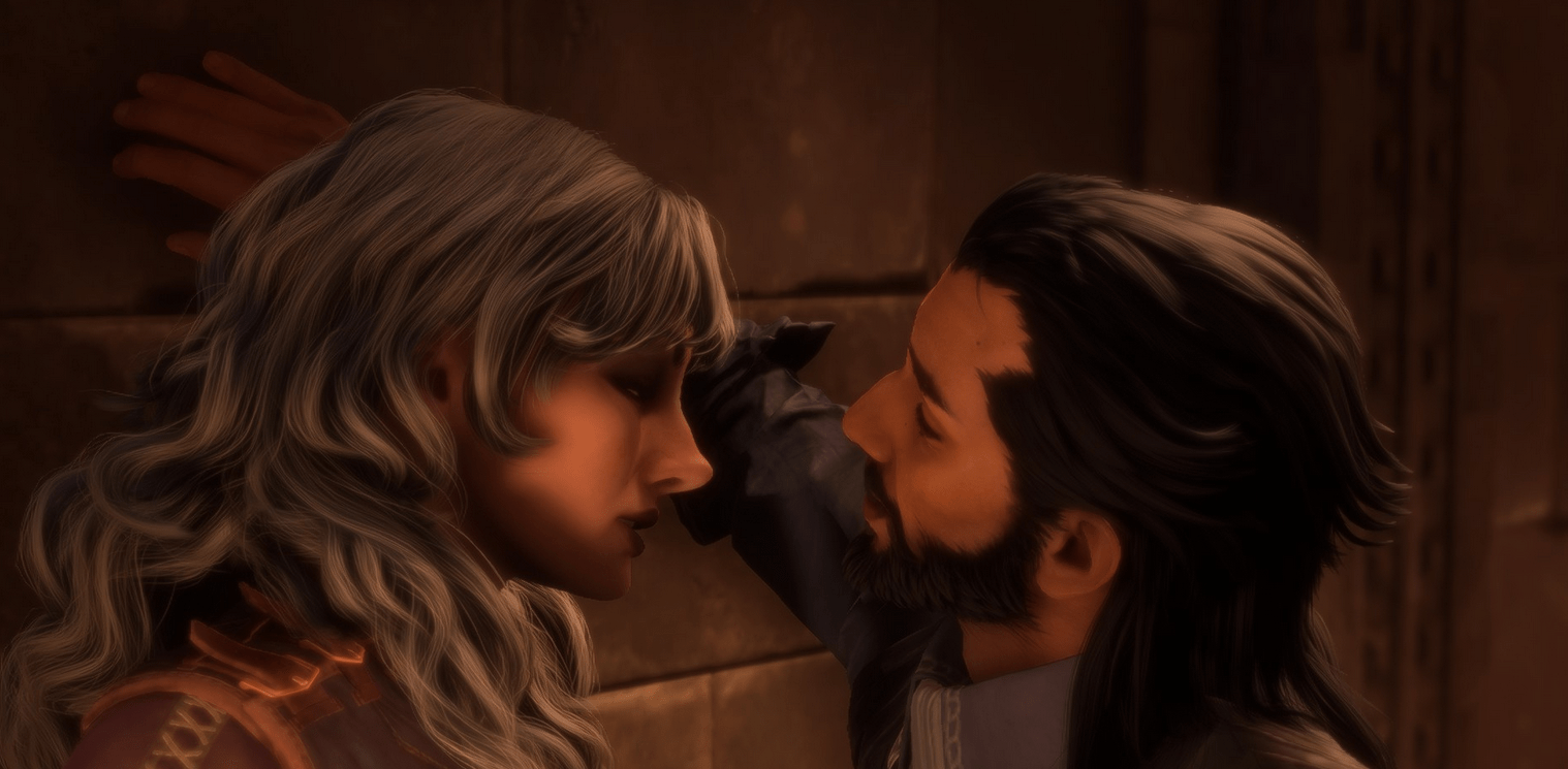 Lucanis from Dragon Age: The Veilguard is about to kiss the player character