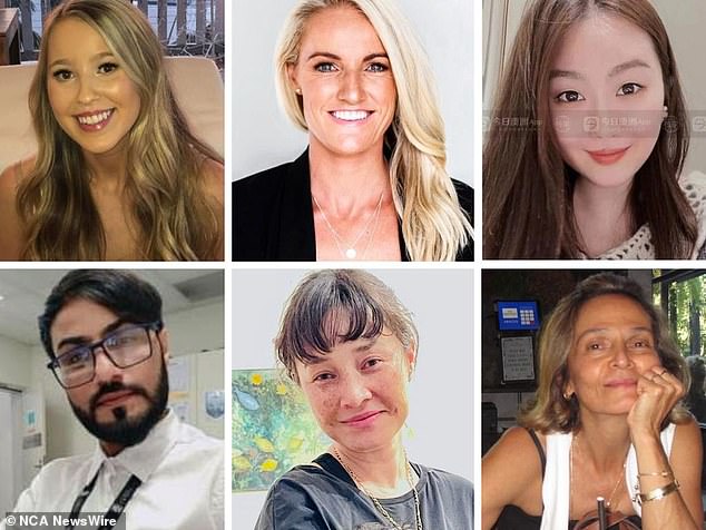 Victims of the Bondi stabbing (above left) Dawn Singleton, Ashlee Good, Cheng Yixuan, (below left) Faraz Ahmed Tahir, Jade Young and Pikria Darchia.